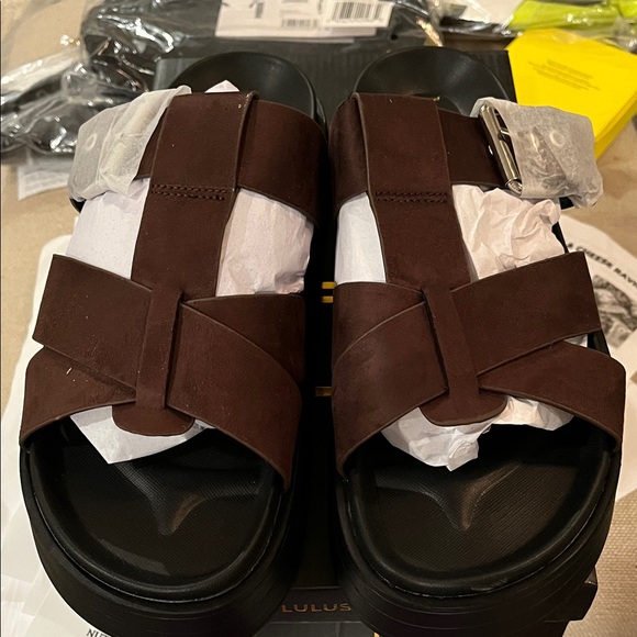 Lulus Surie Chocolate Brown Suede Strappy Flatform Slide Sandals/NIB/Size 8 - Picture 6 of 15
